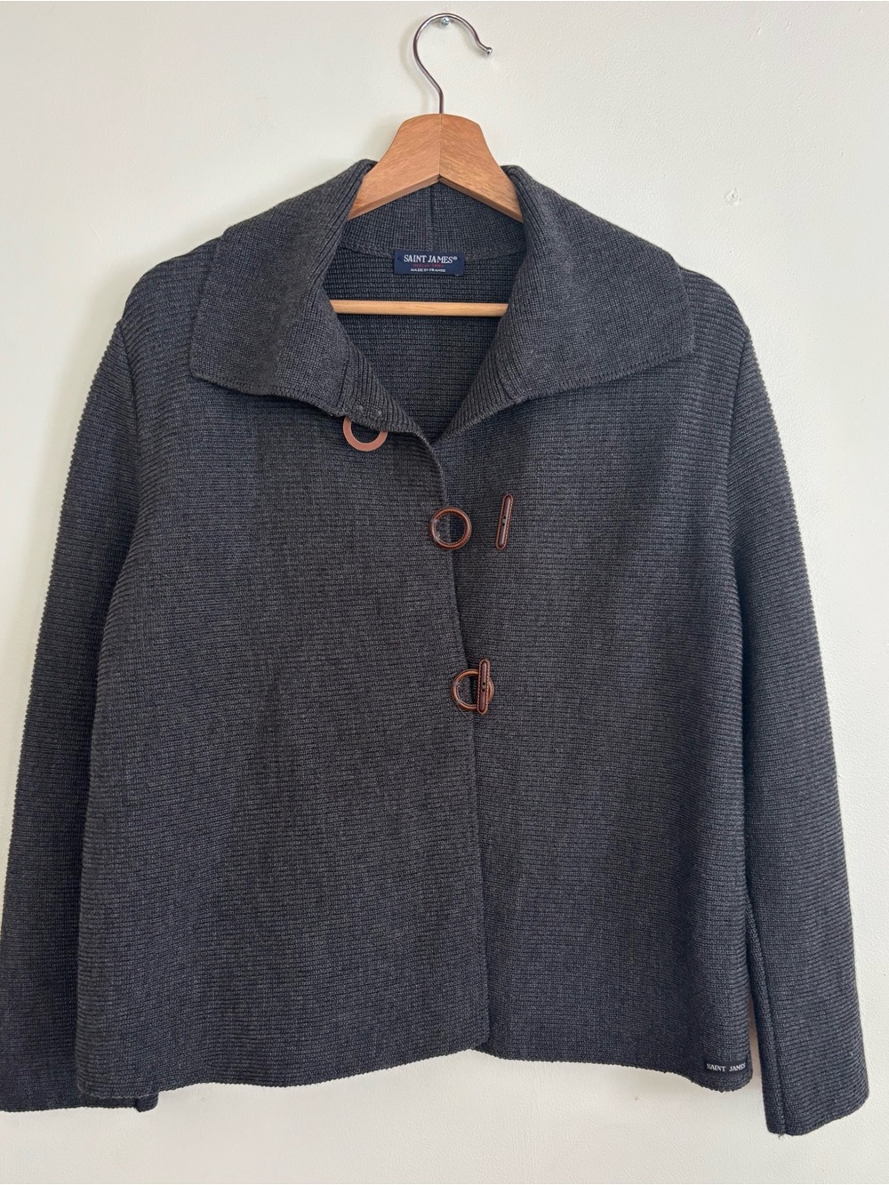 Saint James 100 % Wool Cardigan Sweater Toggle Fisherman Knit Size 8 grey France